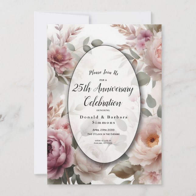 Mjukt Rosafärgad Blommig Peony och Ros Serenad Inbjudningar (Framsida)