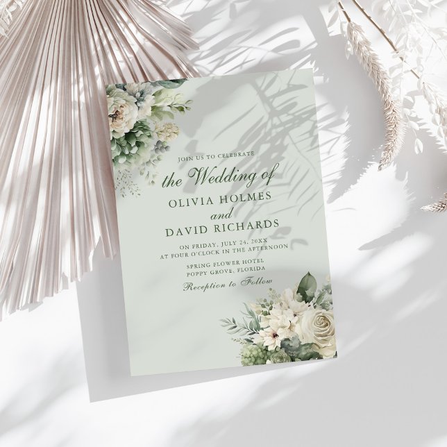 Mjukt Sagegrönt Blommigt Elegant Bröllopsinbjudan Inbjudningar (Soft Sage Green Floral Elegant Wedding Invitation on a sunny table with white dry botanicals)