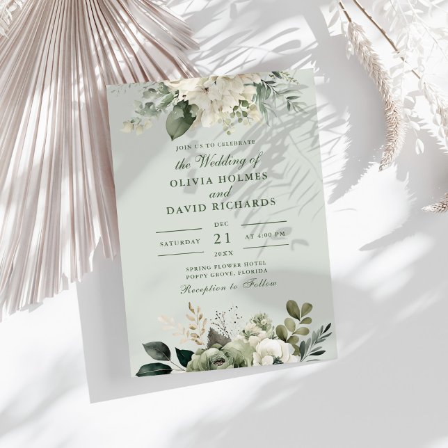 Mjukt Salvia Grönt Blommigt Klassiskt Bröllopsinbj Inbjudningar (Soft Sage Green Floral Classic Wedding Invitation on a sunny table with white dry botanicals)