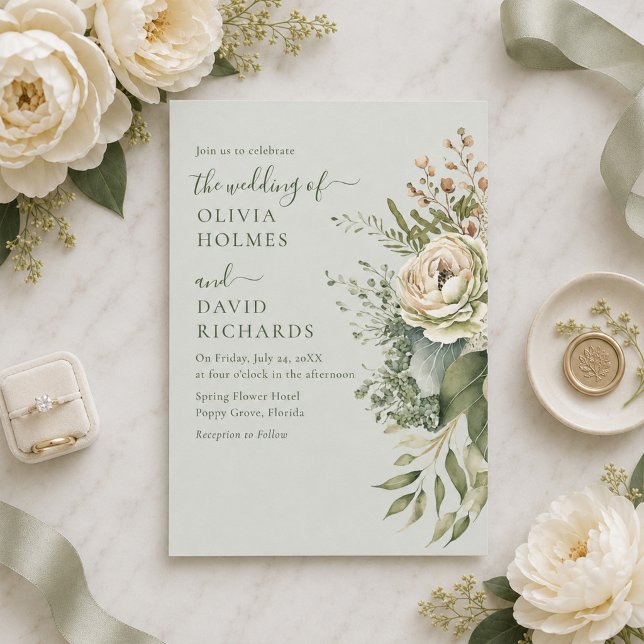 Mjukt Salviagrönt Botaniskt Minimalt Bröllopsinbju Inbjudningar (Soft Sage Green Botanical Minimal Wedding Invitation)