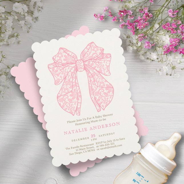 Mjukt sötad  Rosa Snöre Coquette Baby Shower Inbjudningar (Soft Sweet Blush Pink Lace Coquette Baby Shower Invitation)