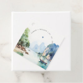 Mjukt vattenfärg Kustkusten Thailand Sjölandskap B Gåvor Etiketter