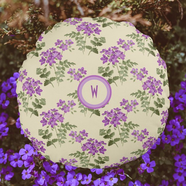 Mjukt Violet Mönster på Blekens Gult med initial Rund Kudde (Skapare uppladdad)