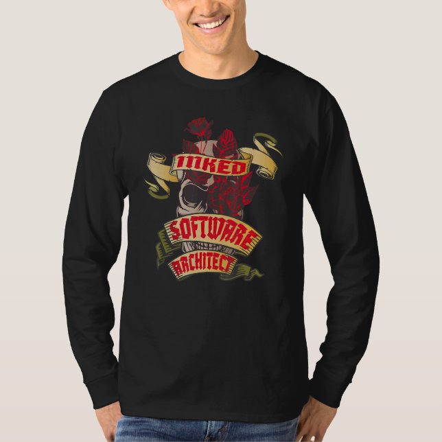 Mjukvaruarkitekt Bläckad Dödskalle & Röda Rosor Ta T Shirt (Framsida)