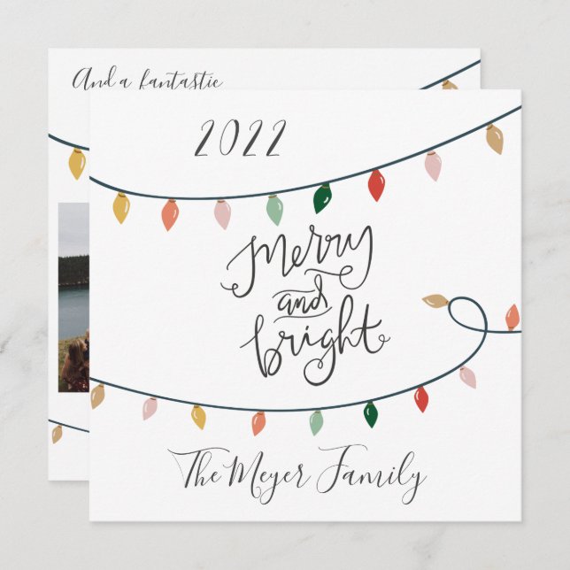 Mjuto från Merry and Bright Script jul Ljus 3 Phot Julkort (Fram/baksida)