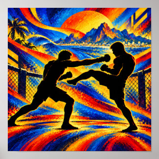 MMA-utövare utbyter slag och sparkar silhuett Poster