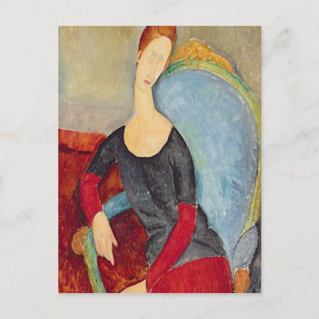 Mme Hebuterne i en blå stol, 1918 Vykort (Framsida)