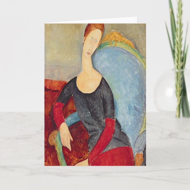 Mme Hebuterne i en blåttstol, 1918 Kort (Framsida)