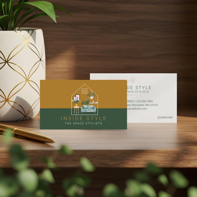 Möbel Dekor Stilfull Hem Inredning Grön & Guld Visitkort (Furniture Decor Stylish Home Staging Green & Gold Business Card)