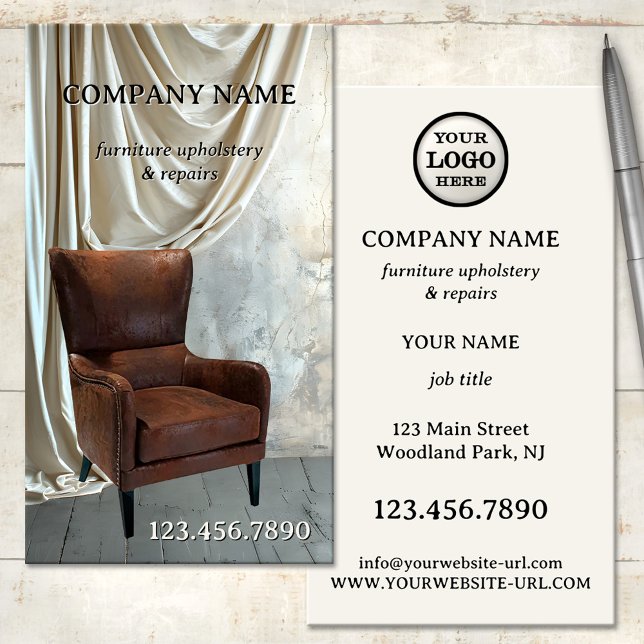 Möbeltapetsering och reparationsföretag visitkort (Professional furniture upholstery or furniture repair business card featuring a vintage chair)