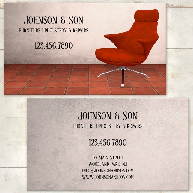 Möbeltapetsering Visitkort (Professional furniture and upholstery or repair business card featuring a red retro chair)
