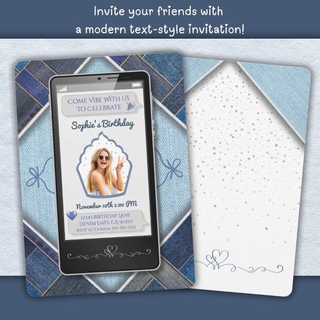 Mobil födelsedagsinbjudan till Trendig Blue Denim  Inbjudningar (Trendy Blue Denim Cell Phone Birthday Invitation)