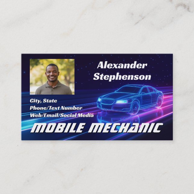 Mobil mekaniker bil auto reparation Foto Lila Neon Visitkort (Framsida)
