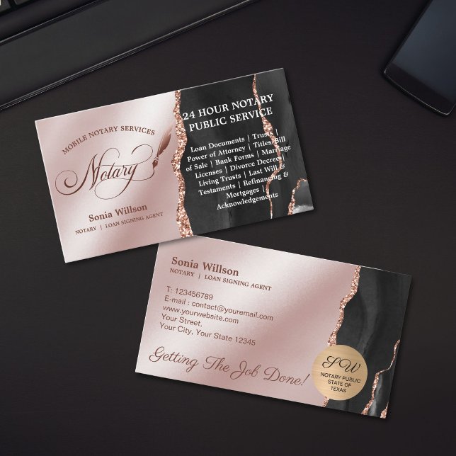Mobil notarie och lånesigneringsagent Rose Gold Visitkort (Mobile Notary and Loan Signing Agent Rose Gold Business Card)