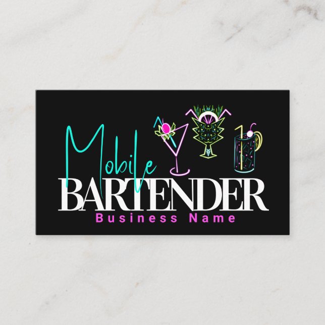 Mobile Bartender Klubb Pub Neon Drinks Visitkort (Framsida)
