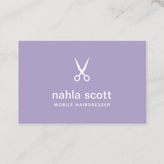 Mobile Hairdresser Lila Scissors UK/Euro Visitkort (Framsida)