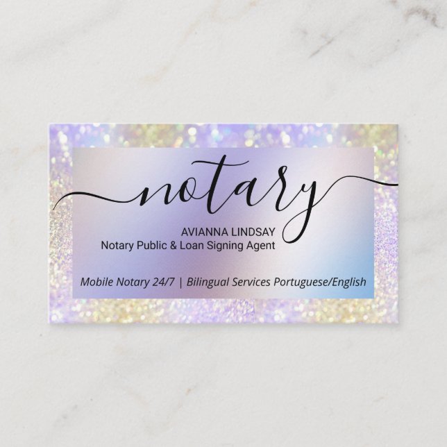 Mobile Notary Loan Signing Agent Lila Glitter Visitkort (Framsida)