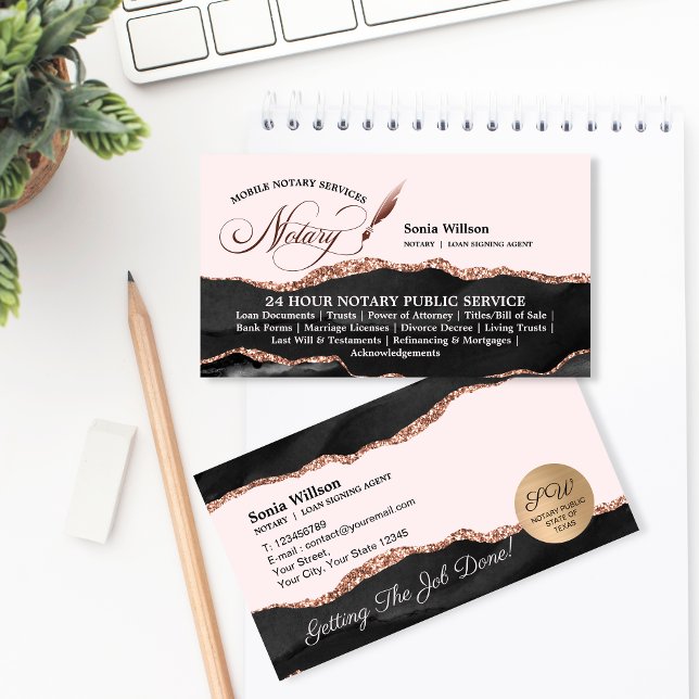 Mobile Notary & Loan Signing Agent Ro Guld Visitkort (Elegant and professional Notary logo design with blush pink and rose gold details)