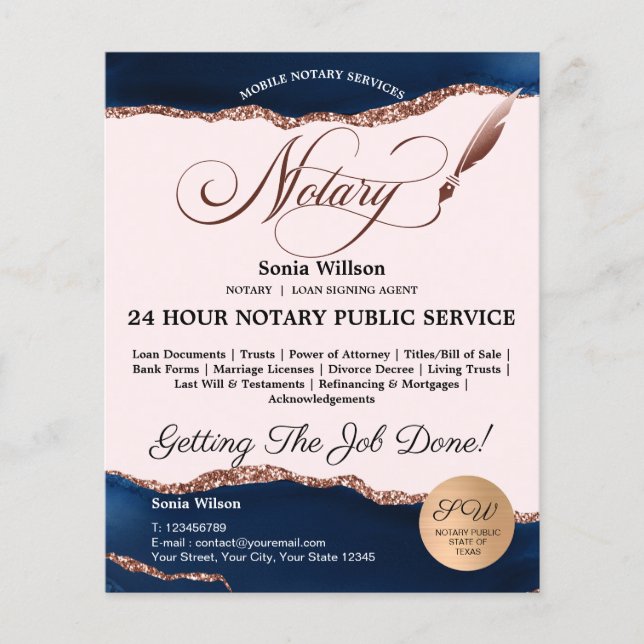 Mobile Notary & Loan Signing Agent Rosa Agate Flye Flygblad (Framsidan)