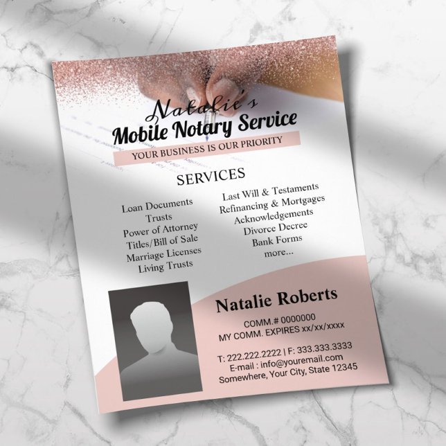 Mobile Notary & Loan Signing Agent Rosa Glitter Flygblad (Skapare uppladdad)