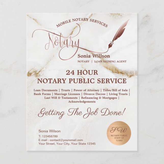 Mobile Notary & Loan Signing guld marble Flygblad (Framsidan)