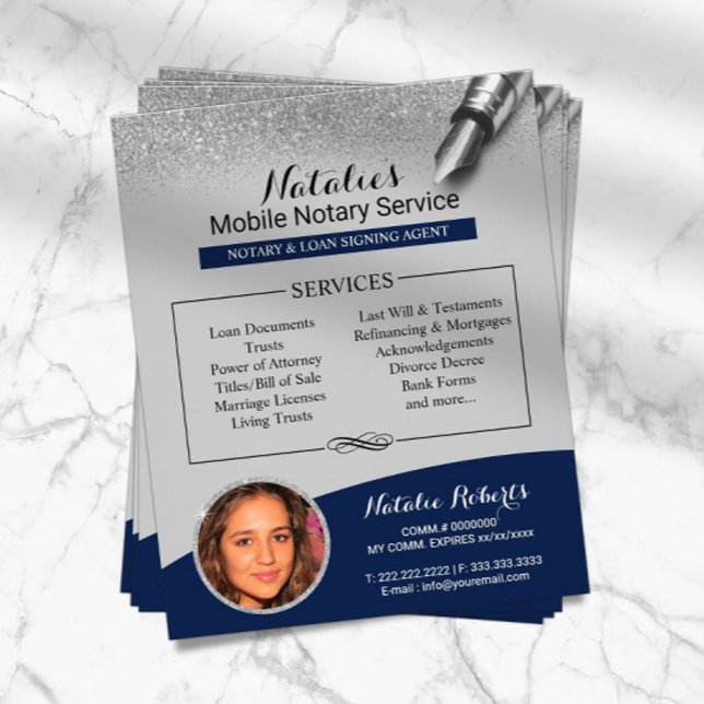Mobile Notary Navy Blue & Silver Glitter Photo Flygblad (Skapare uppladdad)