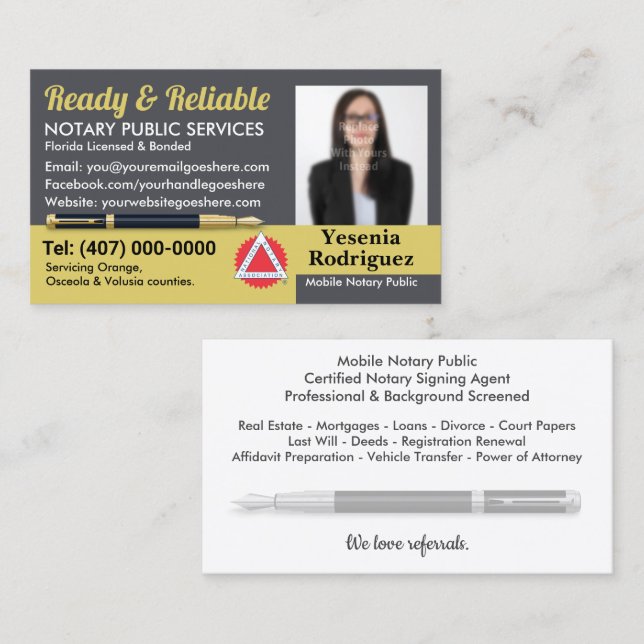 Mobile Notary Public Anpassade Photo Business C Visitkort (Fram/baksida)