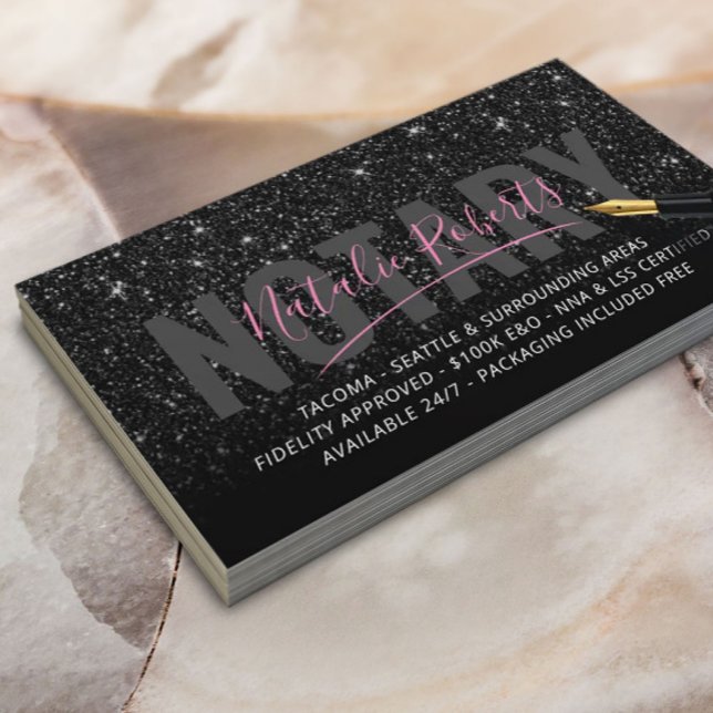 Mobile Notary Public Black Glitter Namnteckning Visitkort (Skapare uppladdad)