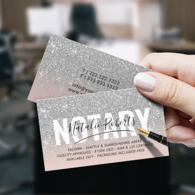 Mobile Notary Public Silver Glitter Rosa Namnteckn Visitkort (Skapare uppladdad)