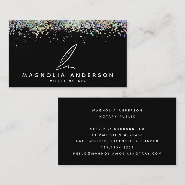 Mobile Notary Quill Black Glitter Visitkort (Fram/baksida)