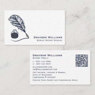 Mobile Notary Quill QR Code White Navy Business C Visitkort