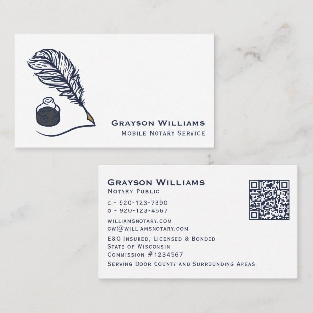 Mobile Notary Quill QR Code White Navy Business C Visitkort (Fram/baksida)