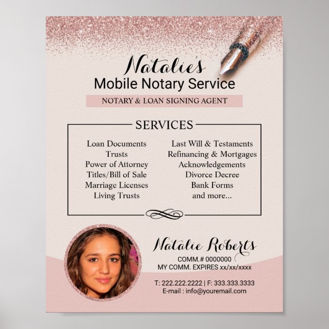Mobile Notary Service Modern Ro Guld Glitter Poster (Framsidan)