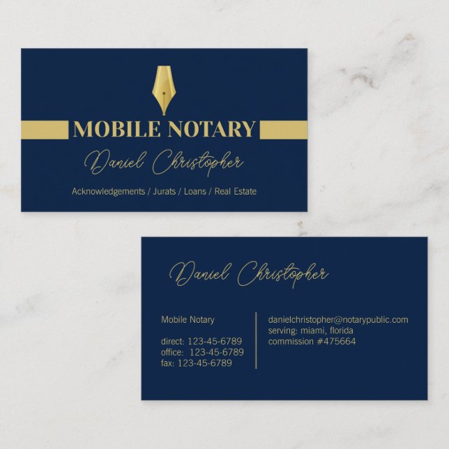 Mobile Notary Signing Agent Blue och Guld Visitkort (Fram/baksida)
