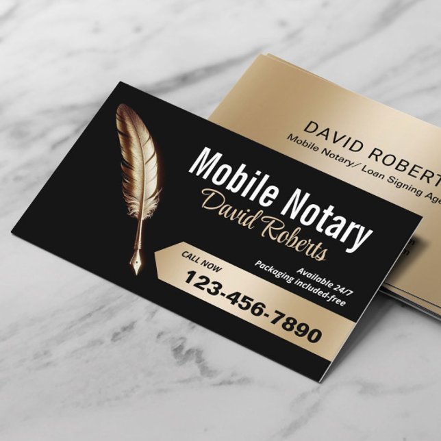 Mobile Notary Signing Agent Guld Feather Pen Black Visitkort (Skapare uppladdad)