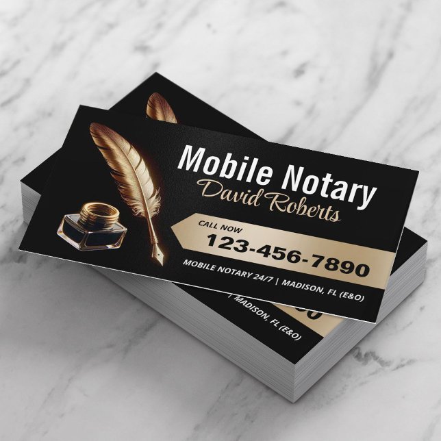 Mobile Notary Signing Agent Guld Feather Pen Visitkort (Skapare uppladdad)