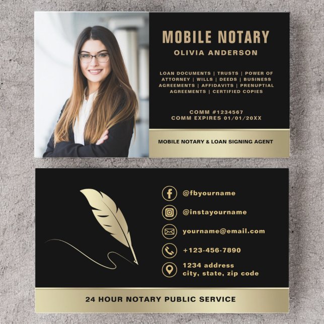Mobile Notary Signing Agent Photo Black & Guld Visitkort (Skapare uppladdad)