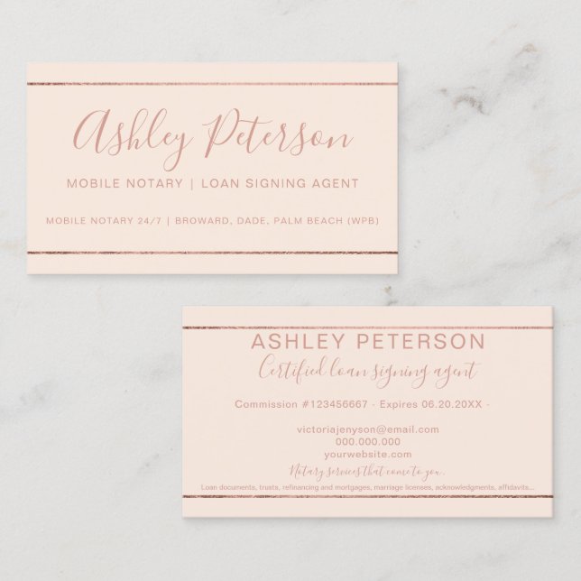 Mobile Notary typography ro guld rand rosa Visitkort (Fram/baksida)