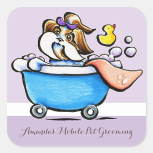 Mobile Pet Grooming Shih Tzu Lila Marknadsföring Fyrkantigt Klistermärke