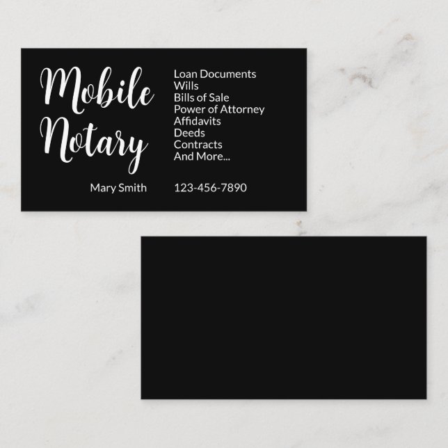 Mobilt nummer för Mobile Notary Services, svartvit Visitkort (Fram/baksida)