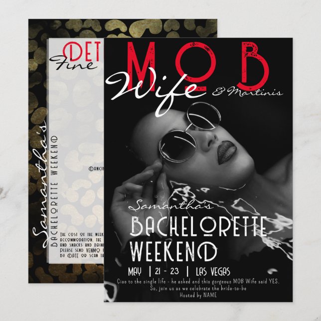 Mobster Wife & Martinis Black Bach Bachelorette Pa Inbjudningar (Fram/baksida)