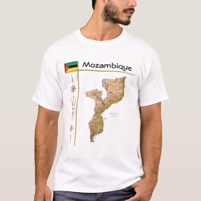 Moçambique Karta + Flagga + avdelning T-Shirt (Framsida)