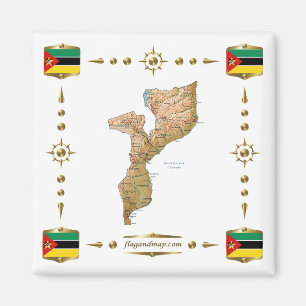 Moçambique Karta + Flaggor Magnet