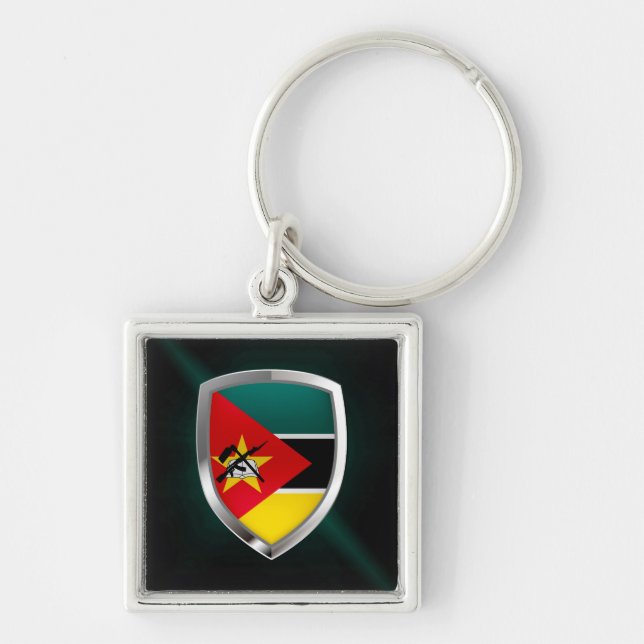 Moçambique Metallic Emblem Fyrkantig Silverfärgad Nyckelring (Framsidan)