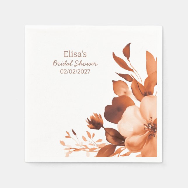 Mocha Blommor Akvarell Bröllopsdusch med Personlig Pappersservett (Framsidan)