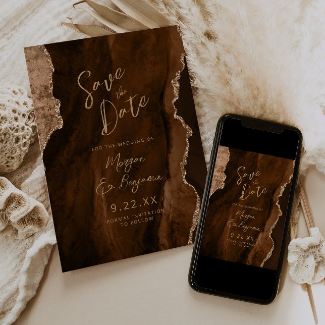 Mocha Brown Agate Script Wedding Save the Date Inbjudningar (Skapare uppladdad)