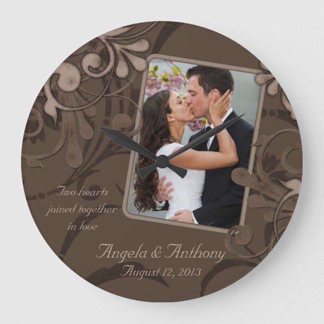 Mocha Brown Blommigt Personlig Photo Template Stor Klocka (Framsida)