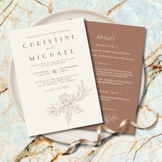 Mocha Brown-Blommigten formellt i ett enda elfte B Inbjudningar (Mocha Mousse Floral Formal Ivory All-In-One Wedding Invitation with Magnolia Flower. Wedding Details)