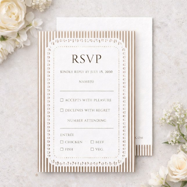 Mocha Brown French Stripe Lace Wedding RSVP Tilläggskort (Skapare uppladdad)