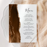 Mocha Brown Guld Agate Bröllop Menu Meny<br><div class="desc">Den moderna bröllop-menyn på den lämnat kant i eleganten har en mocha brun vattenfärgad agat gräns som trimmas med faux guld glitter. I anpassadet kombineras grått-liknande handskriftsskript och typsnitt på vit bakgrund. Den omvända sidan har en passande brunt och guld-agate-design.</div>
